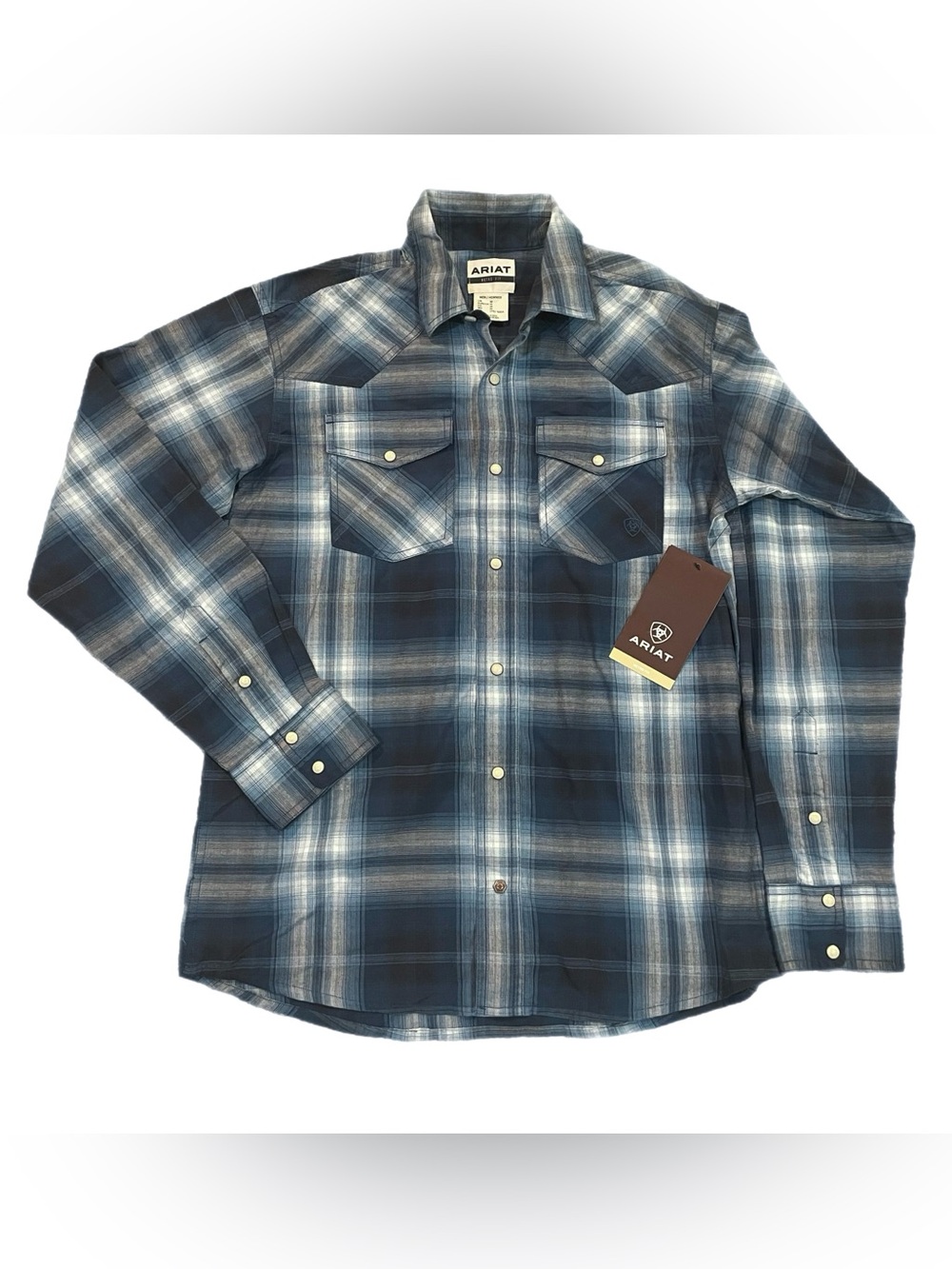 NWT Ariat Men’s Habel Retro Fit Plaid Western Pearl Snap Shirt Dark Denim Blue M